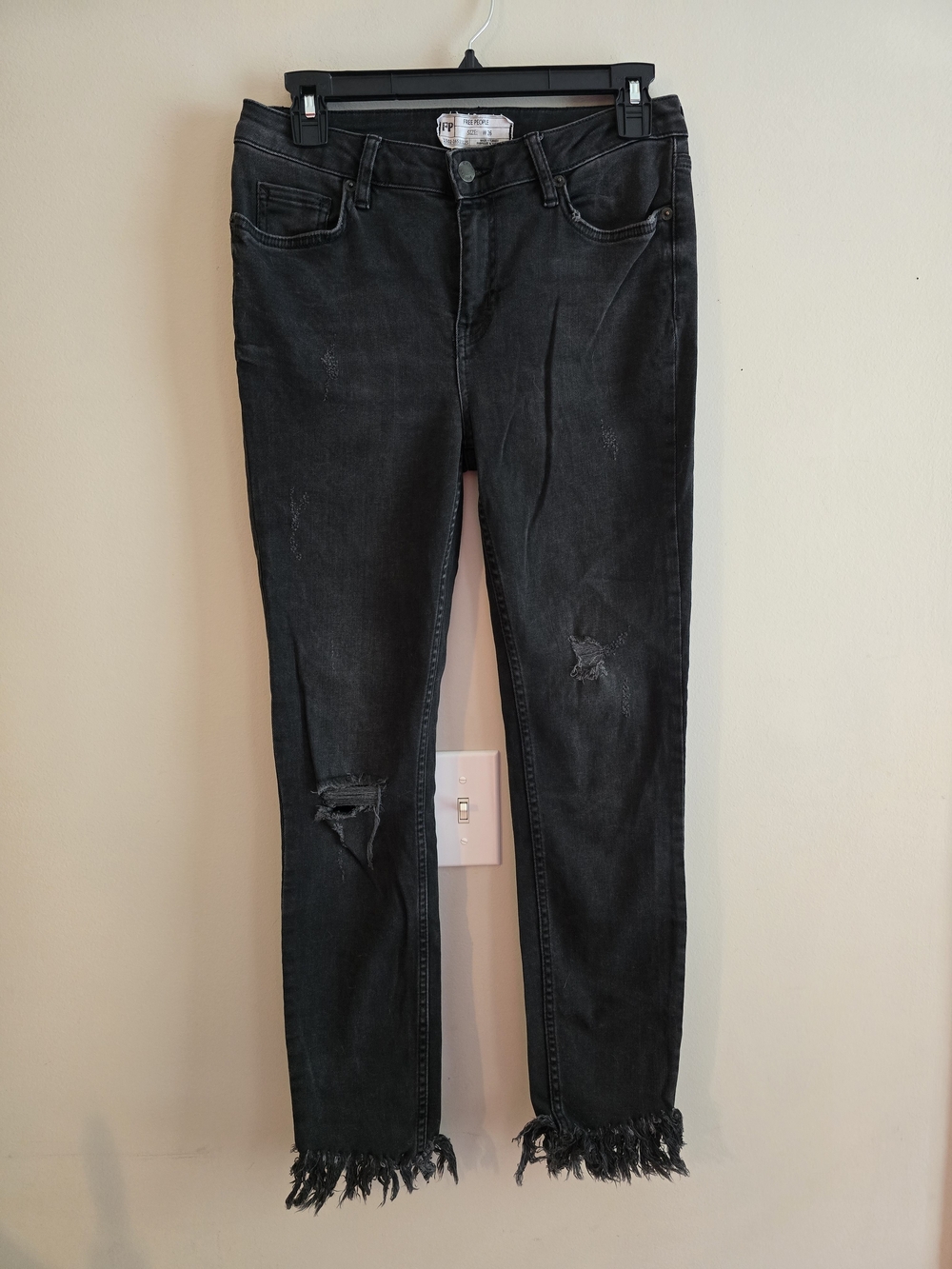 Free People Slim Distressed Black Skinny Jeans with Frayed Hem